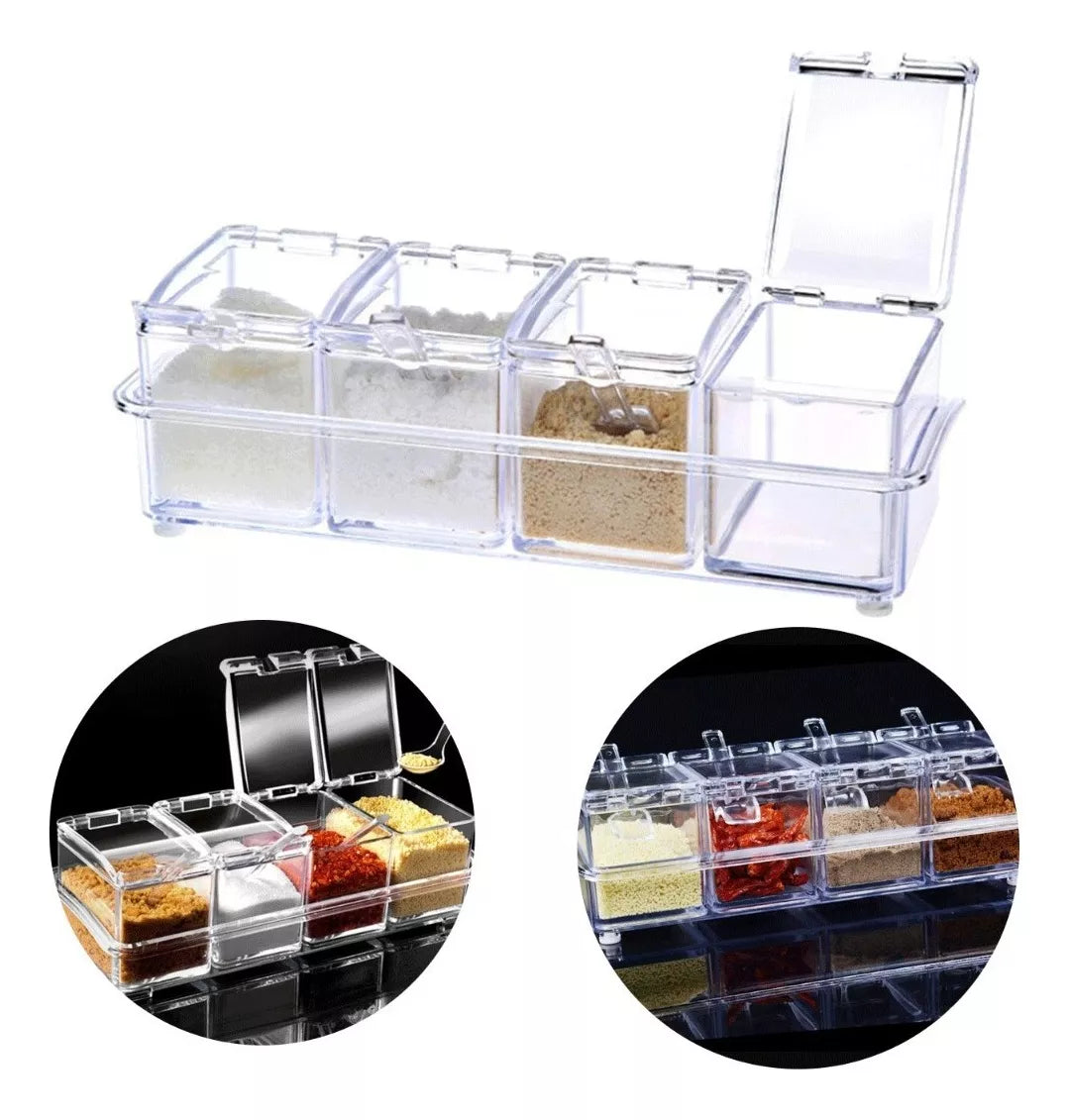 Porta Condimentos Acrílico Crystal 4 Potes Com Colheres - Organização e Praticidade Para Sua Cozinha