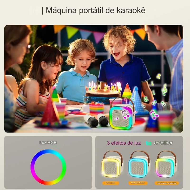Caixa de Som Karaokê Bluetooth Led Com 2 Microfones Sem Fio
