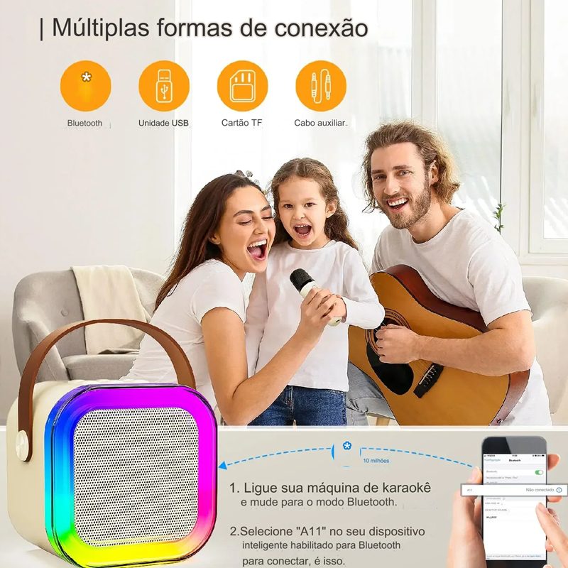 Caixa de Som Karaokê Bluetooth Led Com 2 Microfones Sem Fio