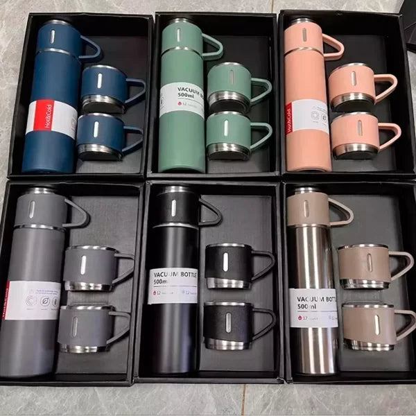 Kit Garrafa Térmica Vacuum Flask 500ml com 3 Canecas