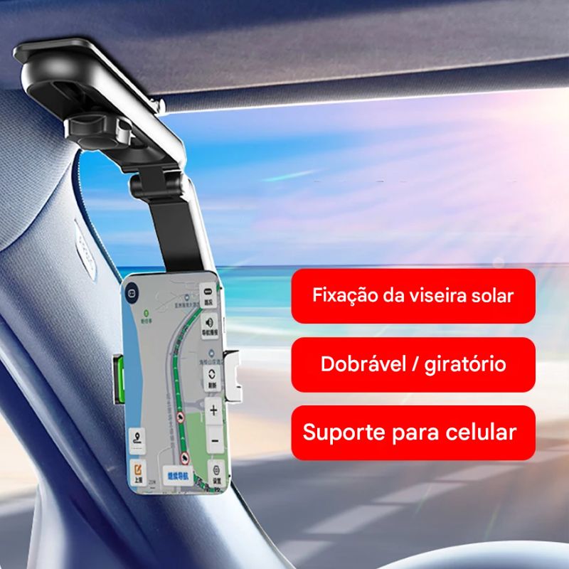 Suporte Para Celular Carro – Rotação 360°, Compacto e Dobrável Para Quebra-sol