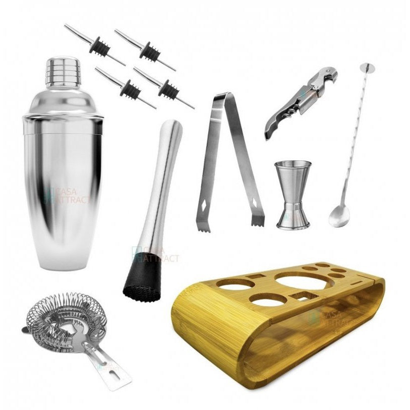 Kit Completo Coqueteleira Profissional 550ml com 12 peças aço inox e suporte Premium