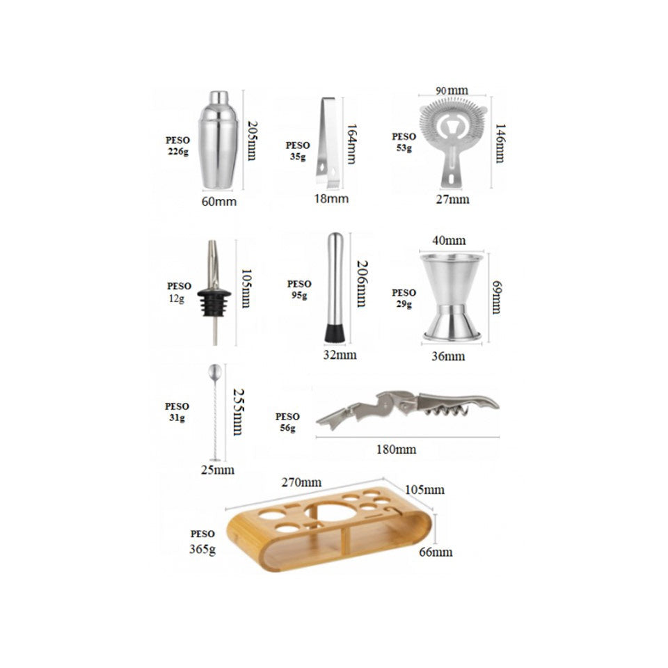 Kit Completo Coqueteleira Profissional 550ml com 12 peças aço inox e suporte Premium