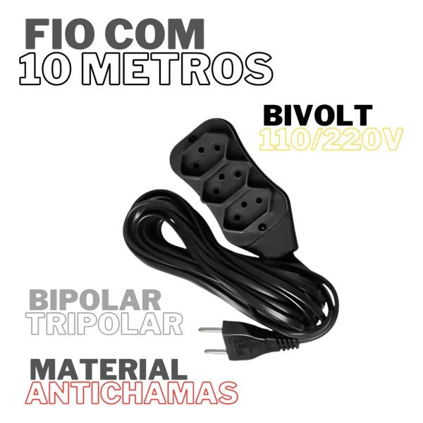 Extensão Elétrica Bivolt 10 metros com 3 Tomadas