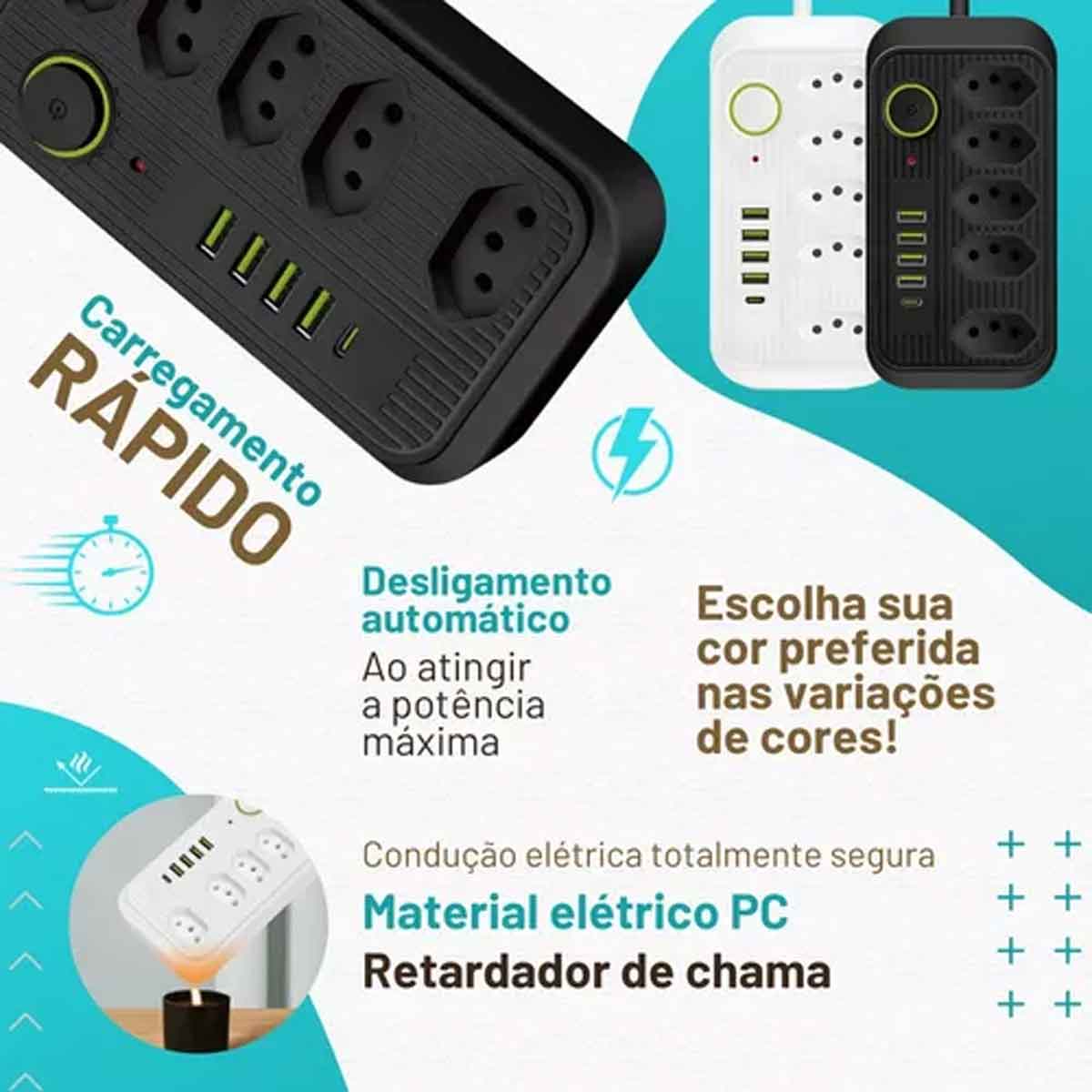 Extensão 5 Tomadas e 4 USB LED Bivolt 110v/220v