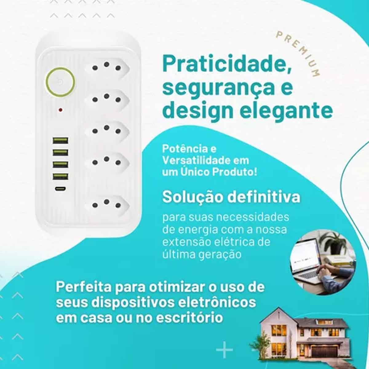 Extensão 5 Tomadas e 4 USB LED Bivolt 110v/220v