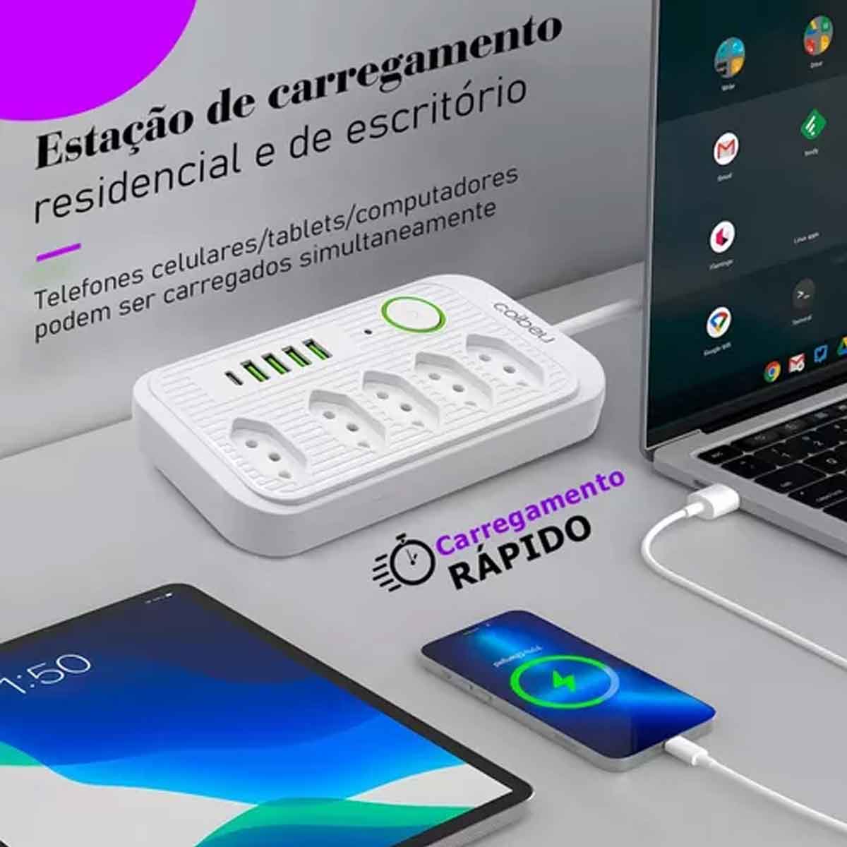Extensão 5 Tomadas e 4 USB LED Bivolt 110v/220v