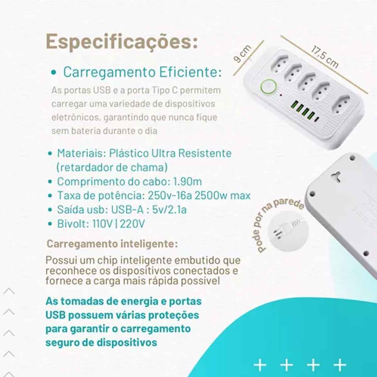 Extensão 5 Tomadas e 4 USB LED Bivolt 110v/220v