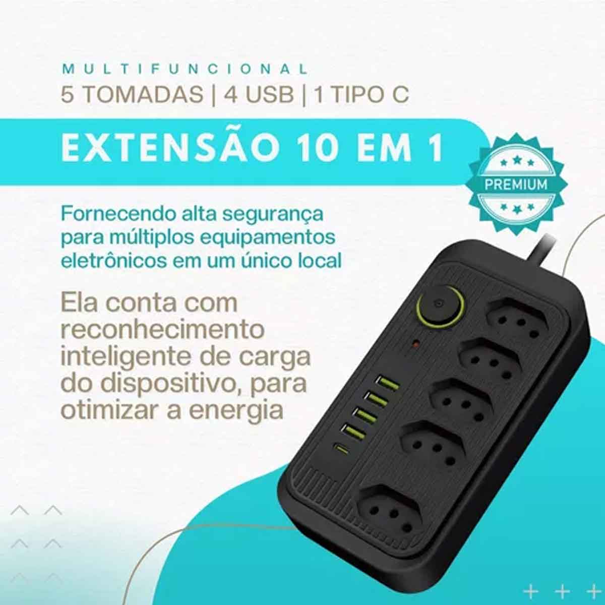 Extensão 5 Tomadas e 4 USB LED Bivolt 110v/220v