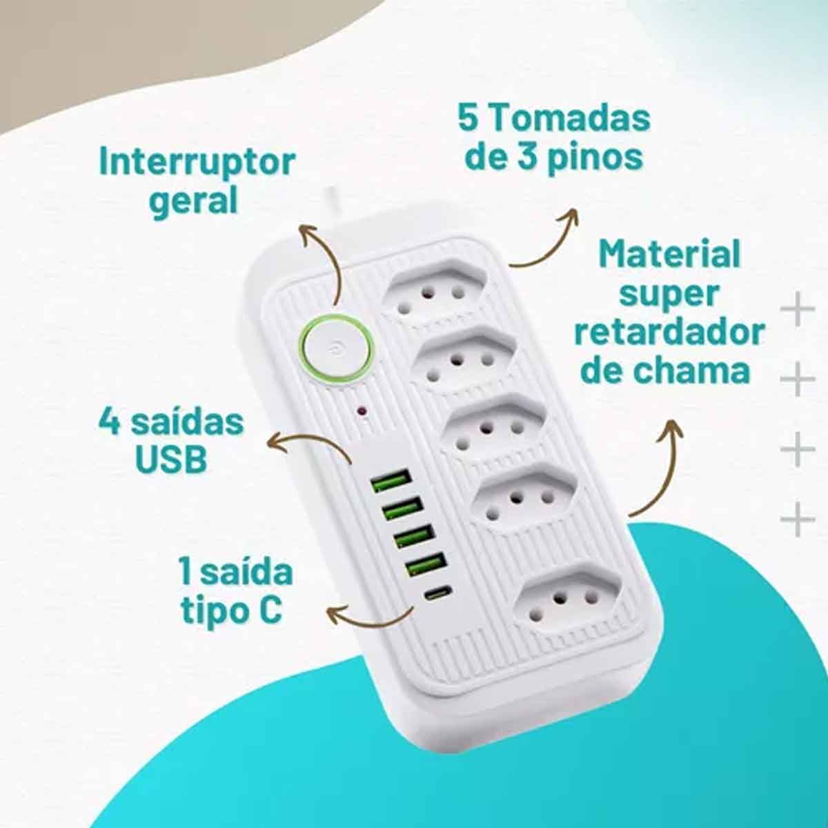 Extensão 5 Tomadas e 4 USB LED Bivolt 110v/220v