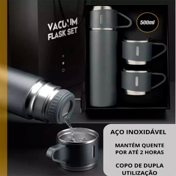 Kit Garrafa Térmica Vacuum Flask 500ml com 3 Canecas – e-panelas
