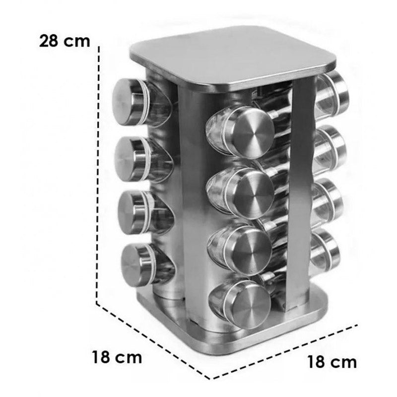 Porta Condimentos 16 Frascos Vidro Quadrado Giratório Aço Inox Linha Premium [Frete Grátis]