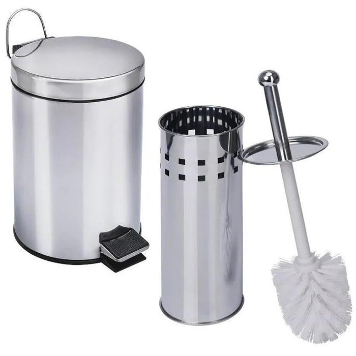 Kit Lixeira 5 litros e Escova Sanitária Aço Inox Premium [Fechamento SUAVE]