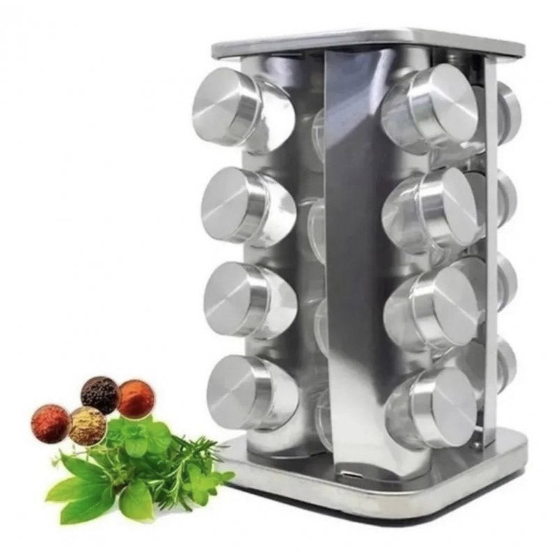 Porta Condimentos 16 Frascos Vidro Quadrado Giratório Aço Inox Linha Premium [Frete Grátis]