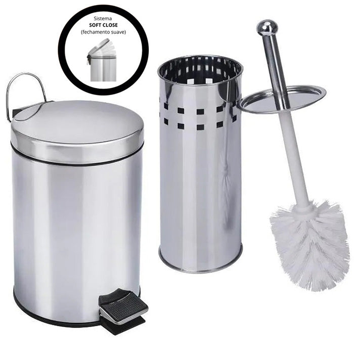 Kit Lixeira 5 litros e Escova Sanitária Aço Inox Premium [Fechamento SUAVE]