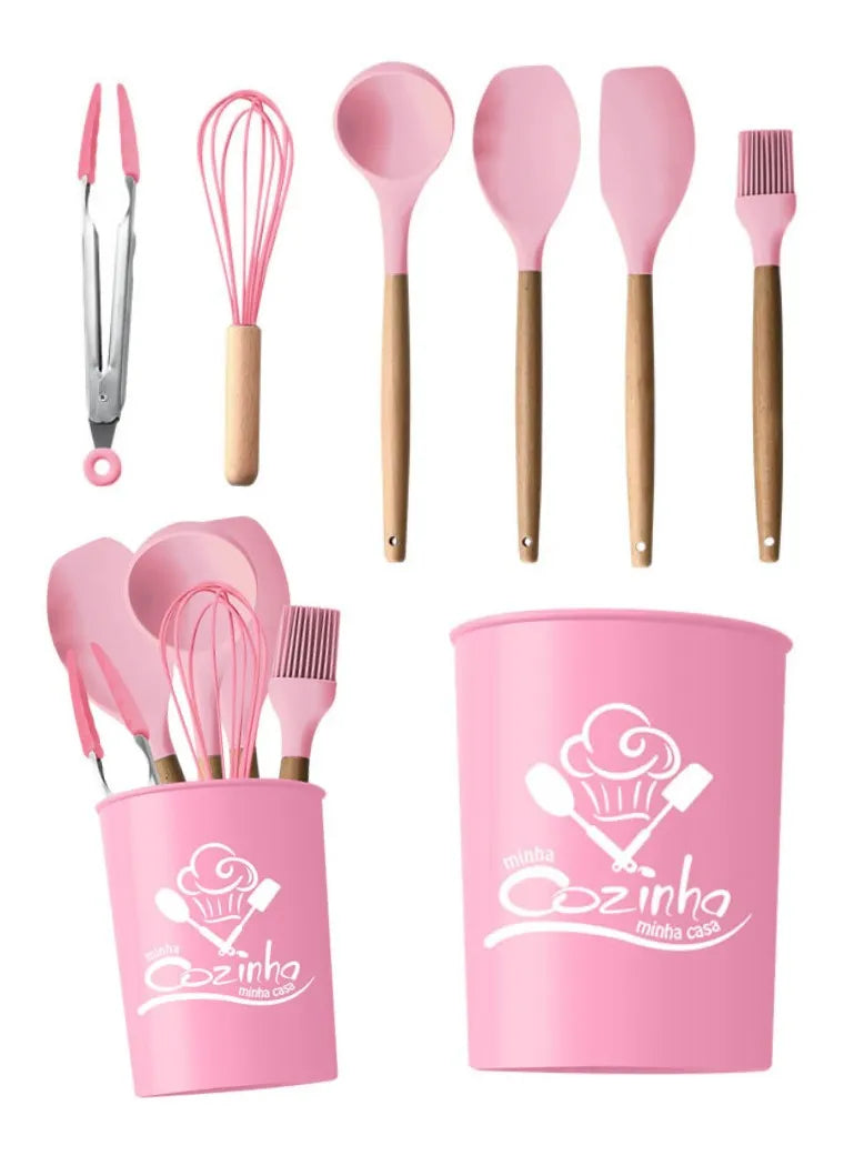 Jogo Utensílios Silicone 7pçs Cozinha Cabo Madeira Rosa