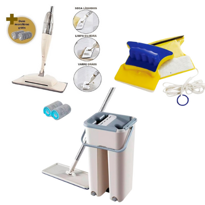 kit Limpeza Multi Mop 3 em 1 + Mop Wash e Dry Multiuso + Limpador Magnético de Janelas