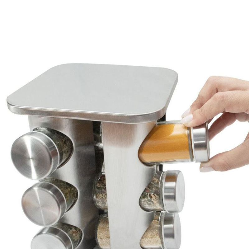 Porta Condimentos 16 Frascos Vidro Quadrado Giratório Aço Inox Linha Premium [Frete Grátis]